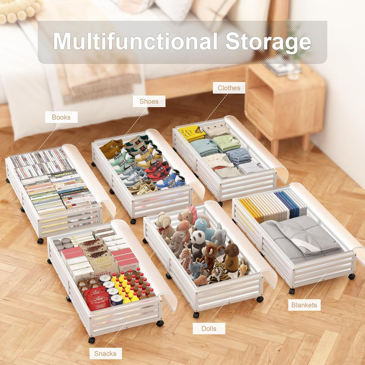 Under Bed Storage with Wheels-Large Bamboo Underbed storage Containers with Large Dust Bag