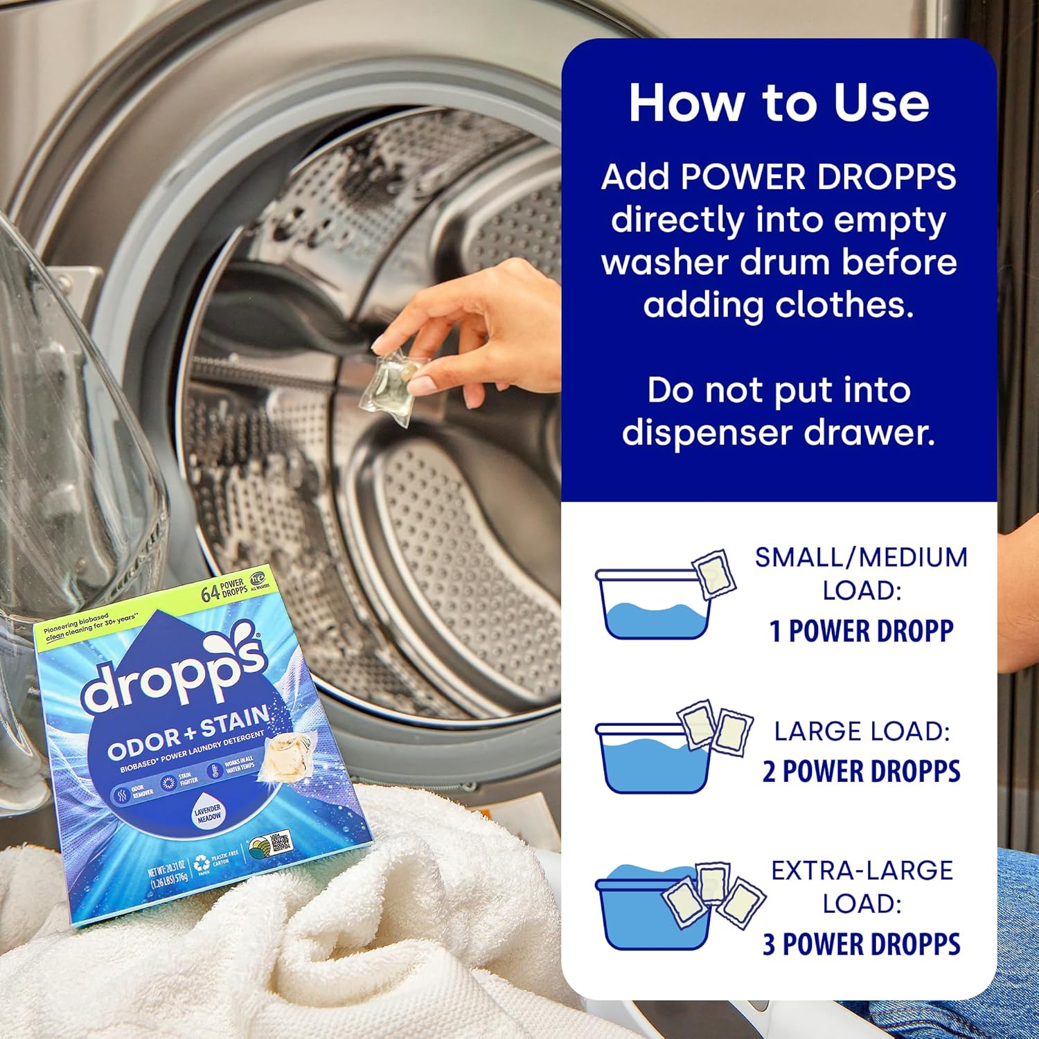Dropps Odor & Stain Biobased Power Laundry Detergent Pods, Orange Blossom (64 Pods) - HE Compatible