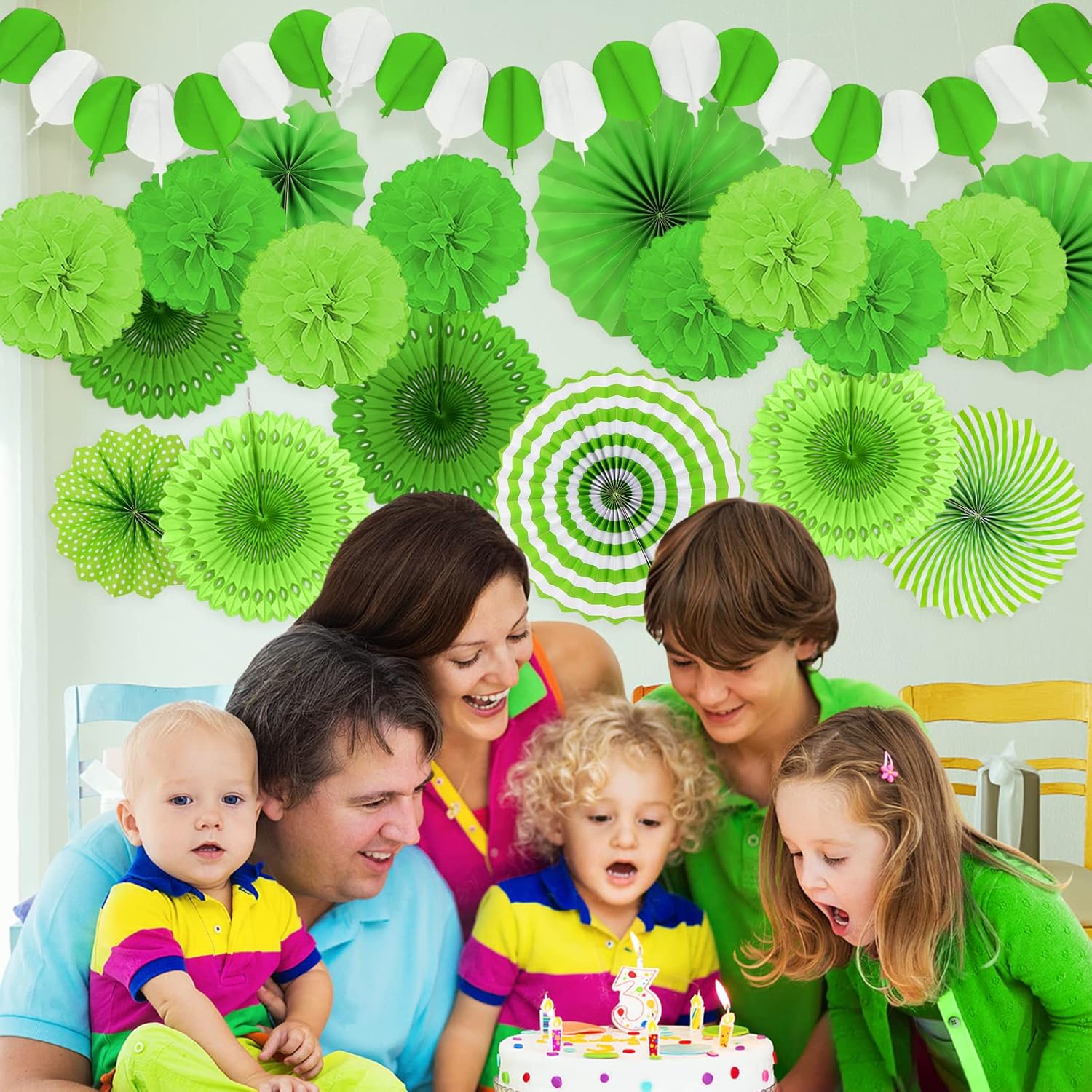 Green Party Decorations, Papar Fans Pompoms Fans Garlands for Birthday Wedding Graduation Summer