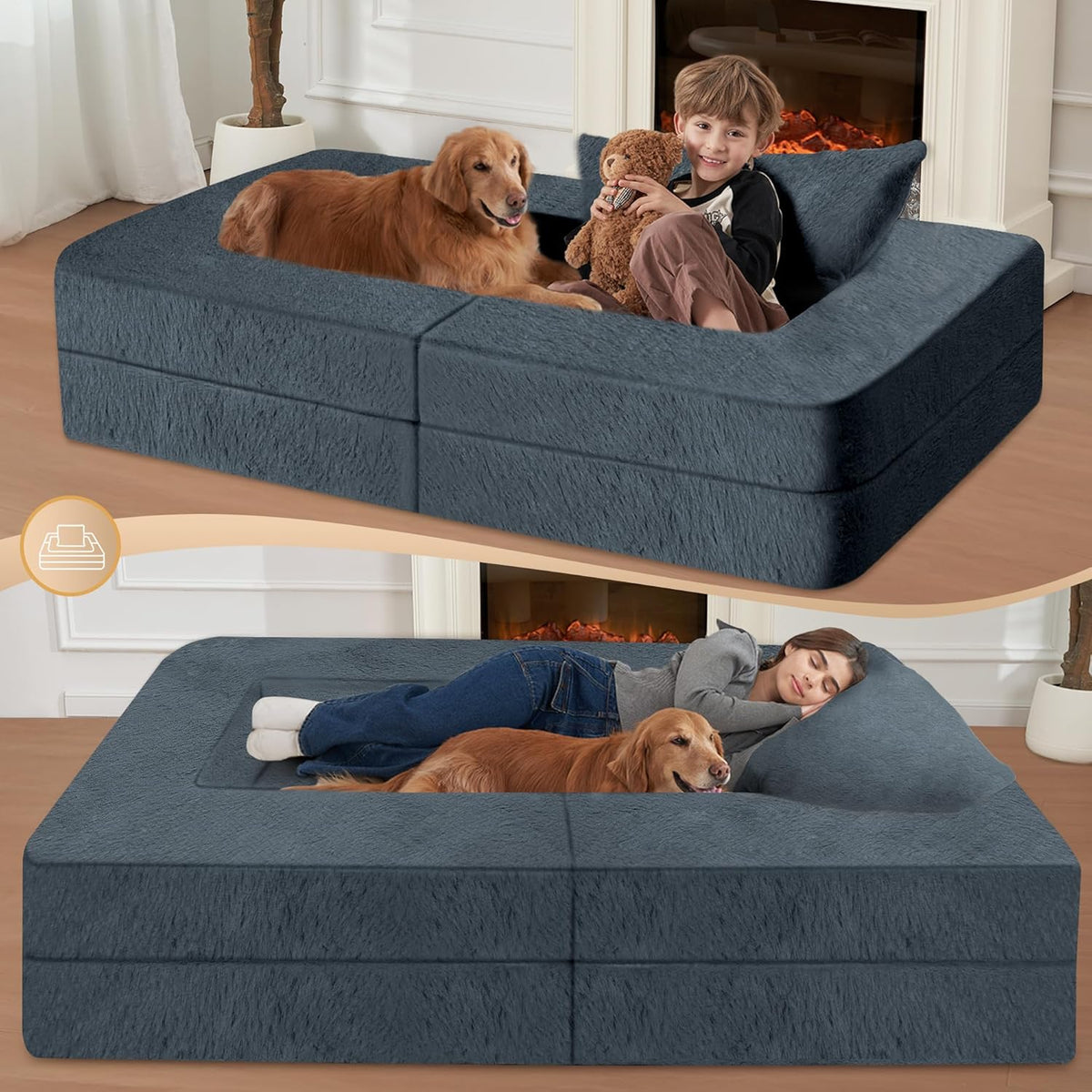 Folding Bean Bag Chair for Adults,3-in-1 Bean Bag Couch Faux Fur Floor Sofa Large Beanbag