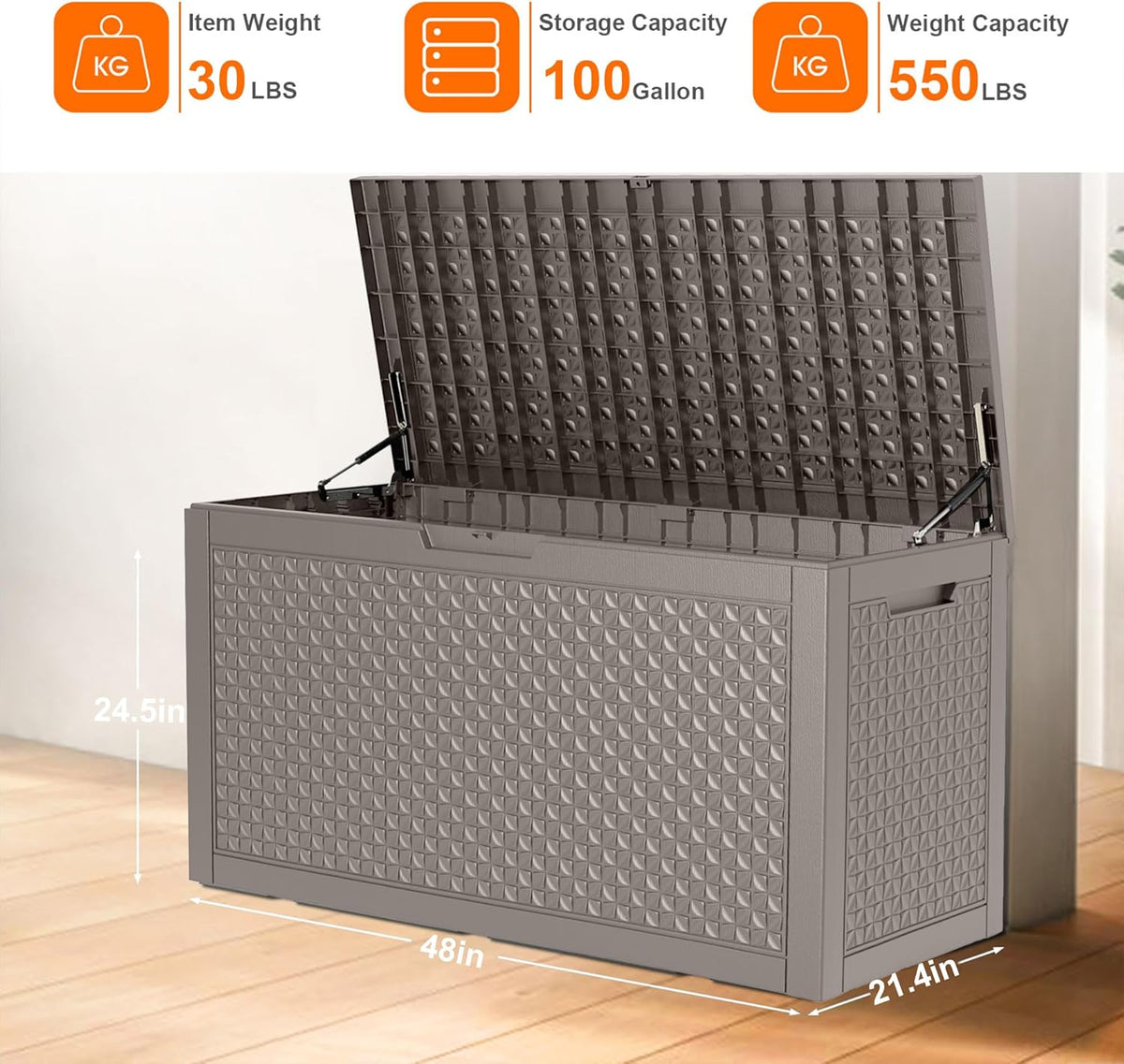 100 Gallon Resin Deck Box, Lockable Outdoor Storage Box for Patio Cushions Storage Furniture,Garden