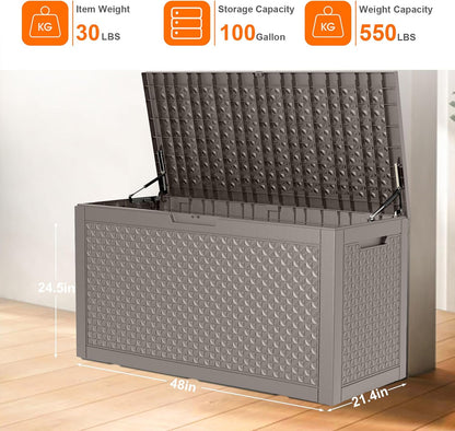 100 Gallon Resin Deck Box, Lockable Outdoor Storage Box for Patio Cushions Storage Furniture,Garden