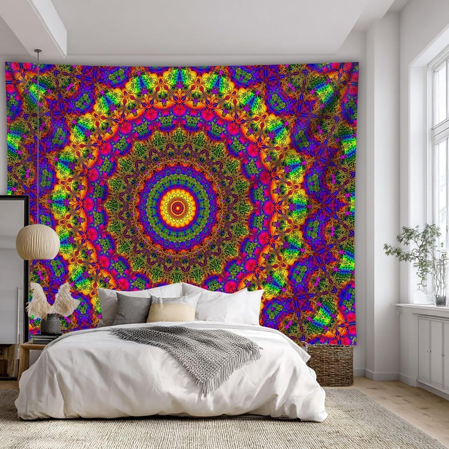 PSYHILAR Blacklight Mandala Boho Tapestry, Black Light Bohemian Hippie Poster for Adults and Teens