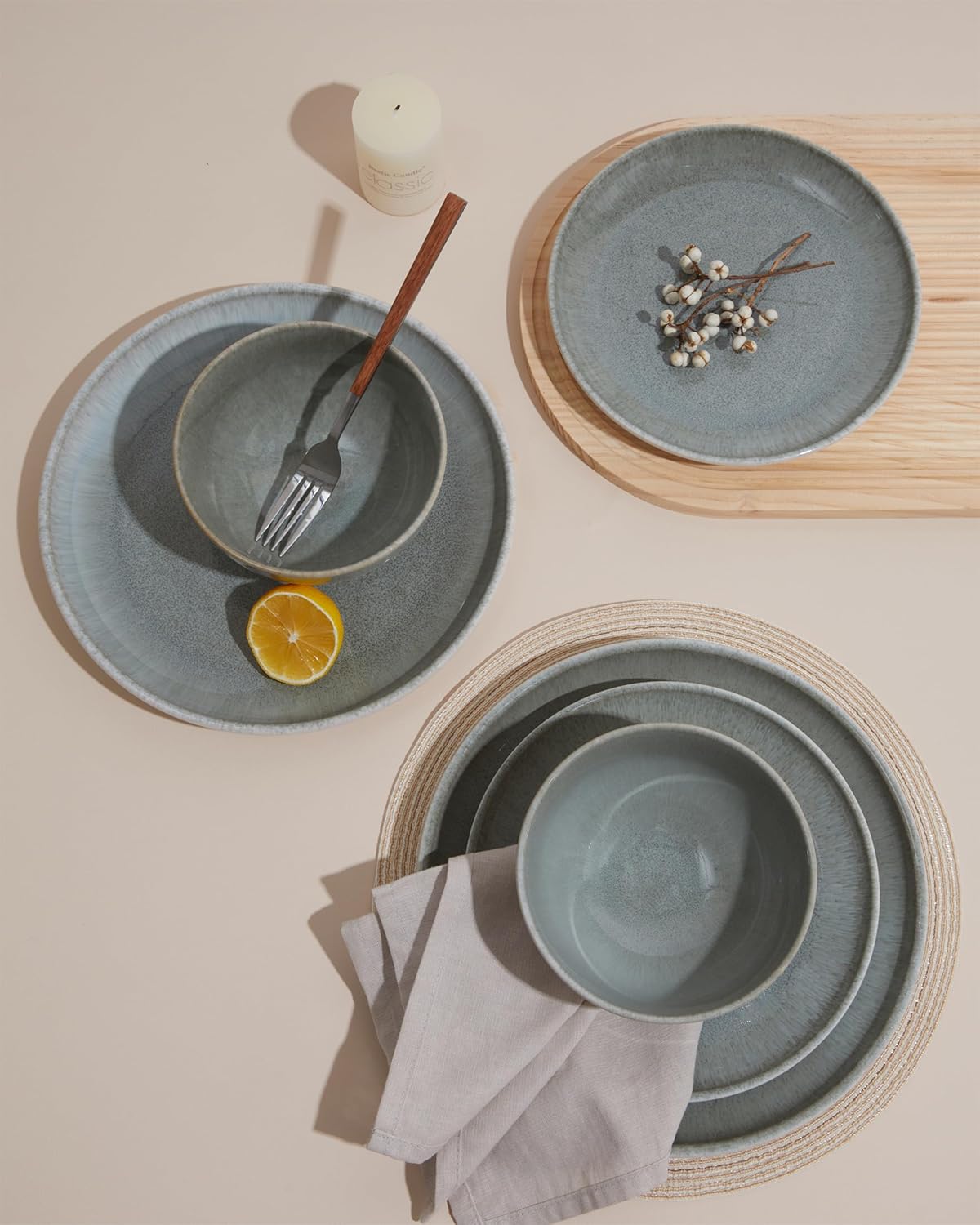 16 Piece Double Bowl Dinnerware Sets, Stain Resistant Dish Set with Pasta Bowls, Easy Cleaning