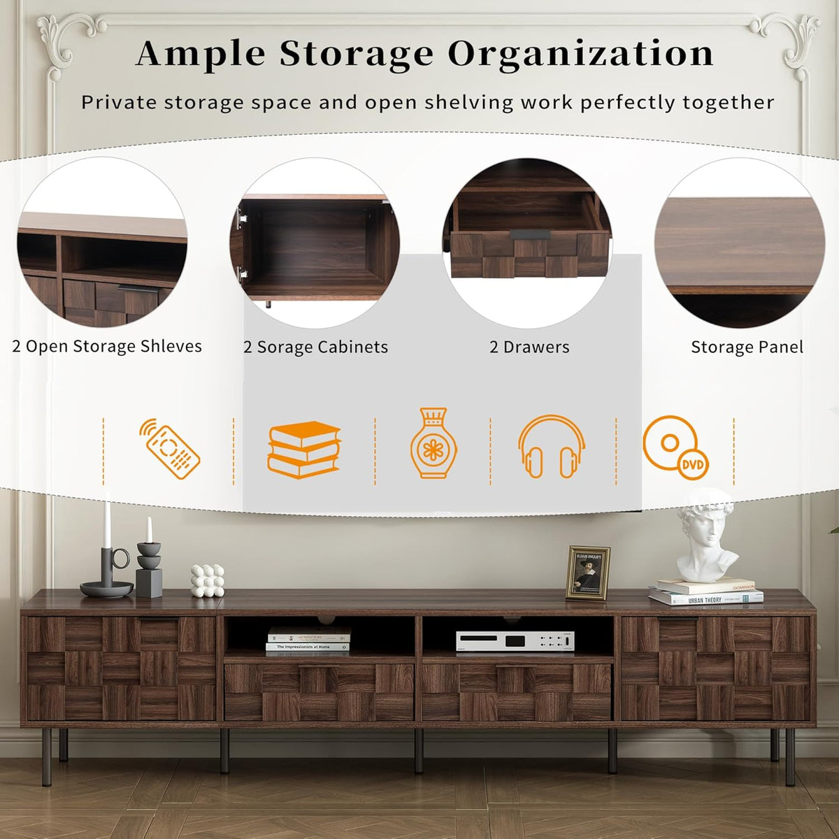 Modern TV Stand for TVs up to 85", Mid-Century Media Console with Checkered Cabinet Doors, Storage
