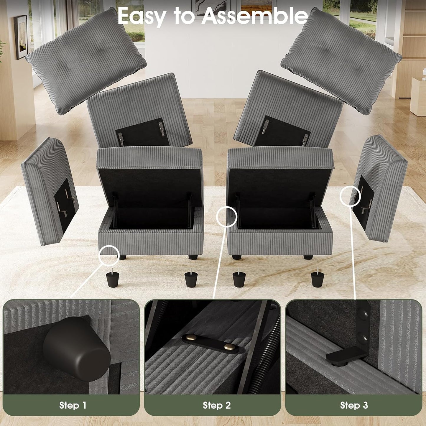 LLappuil Modular Sectional Sofa with Storage Seats, Corduroy Convertible Modular U Shaped Sectional