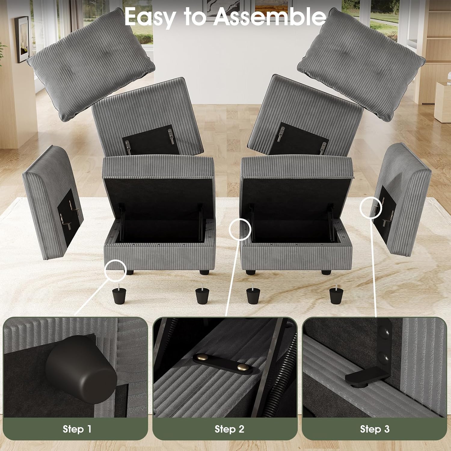 LLappuil Modular Sectional Sofa with Storage Seats, Corduroy Convertible Modular U Shaped Sectional