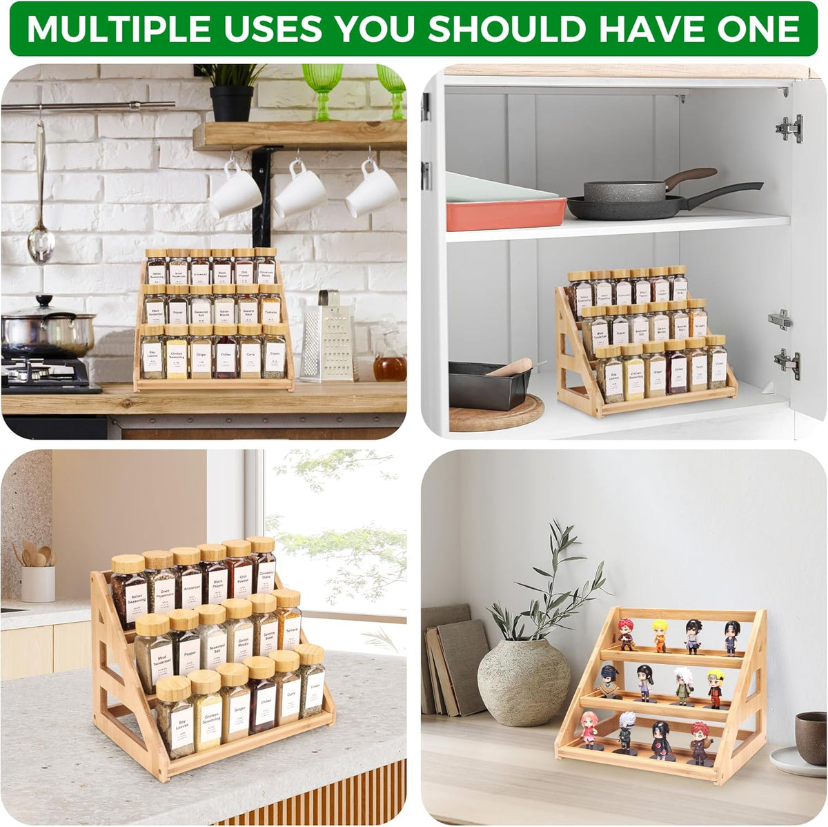 3-Tier Natural Bamboo Spice Rack Organizer - for Kitchen Cabinets, Countertops & Pantries