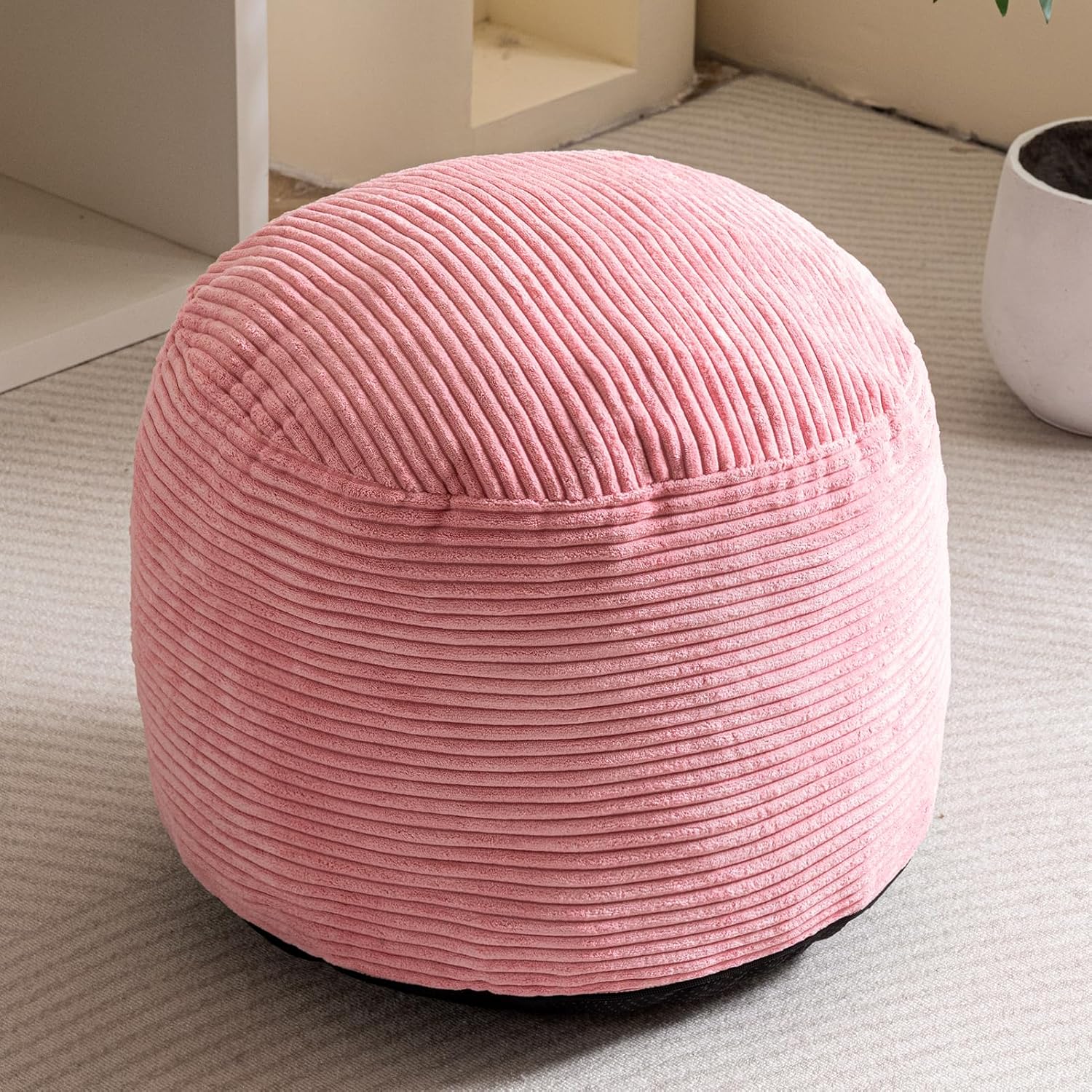 HIGOGOGO Round Stuffed Pouf Ottoman, Corduroy Poufs with Foam Chunk Filling, Furry and Fluffy Pouf
