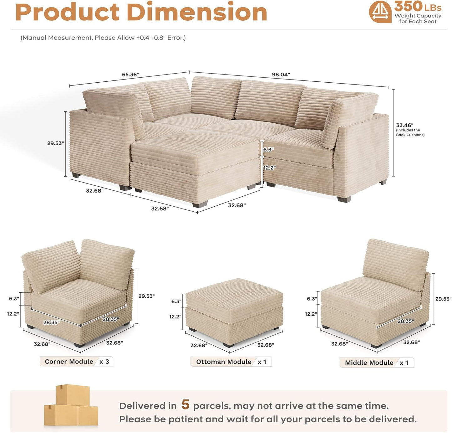 ovios Sectional Sofa Couch with L-Shape Chaise Sofa Bed, Comfy Modular Cloud Couches with Deep