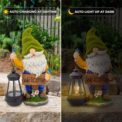 Garden Gnomes Outdoor - Flocked Gnome Statue Holding Lantern with Solar LED Lights | Gnomes Garden