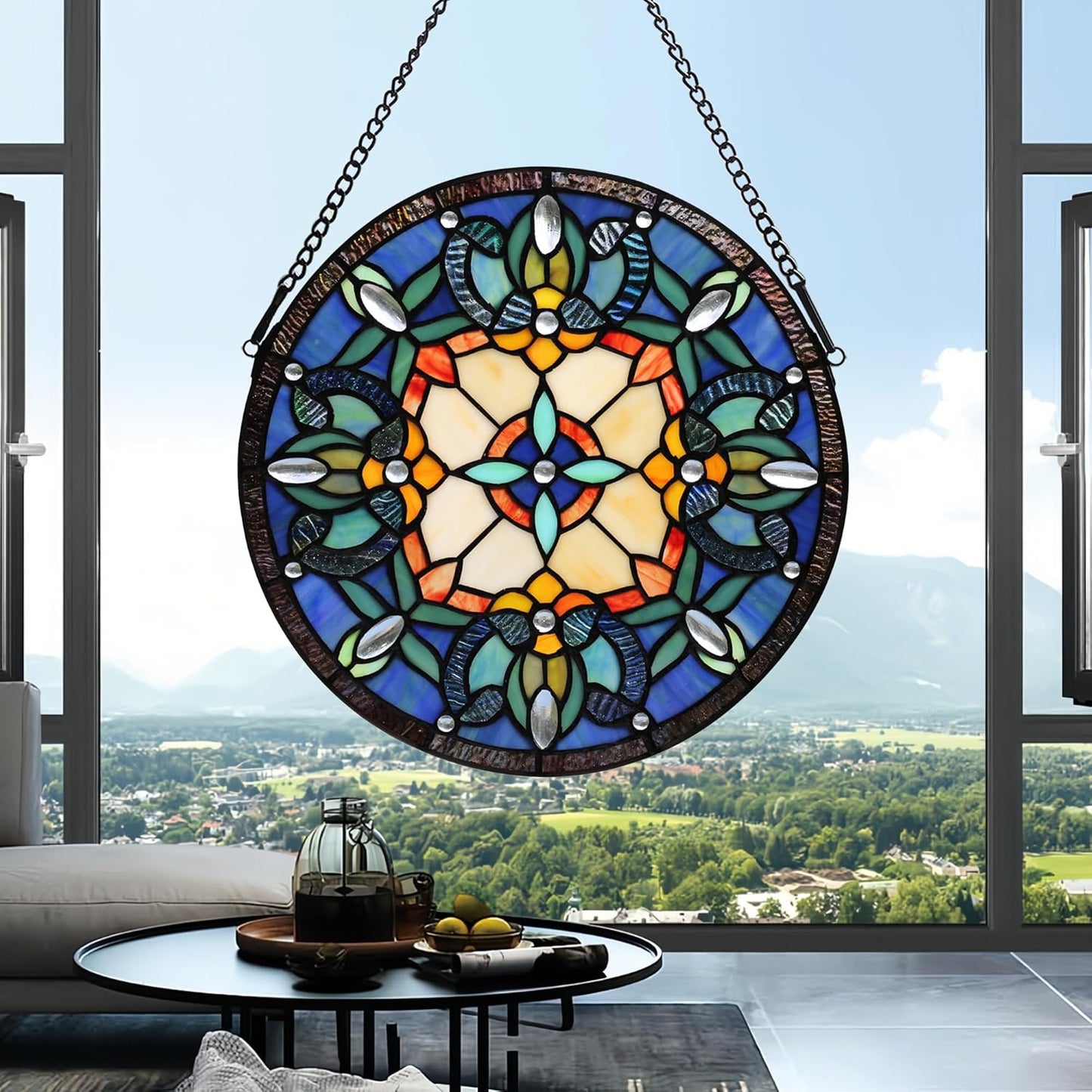 Handcrafted Stained Glass Window Panel - 12-Inch Round Floral Design with Vibrant Colors, Elegant