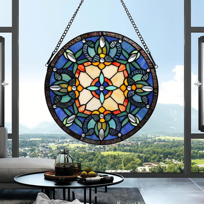Handcrafted Stained Glass Window Panel - 12-Inch Round Floral Design with Vibrant Colors, Elegant