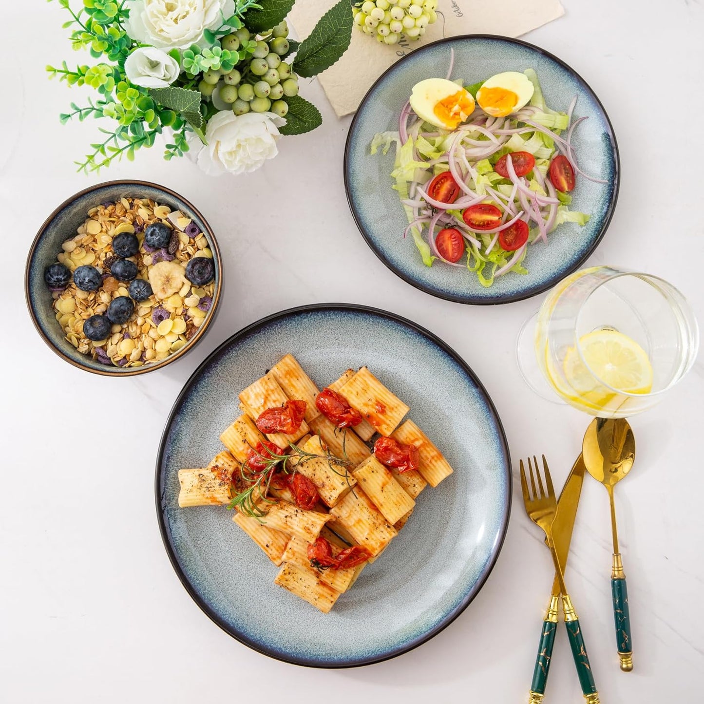 LERATIO Ceramic Dinnerware Sets for 8,Stoneware Plates and Bowls Sets,Handmade Reactive Glaze