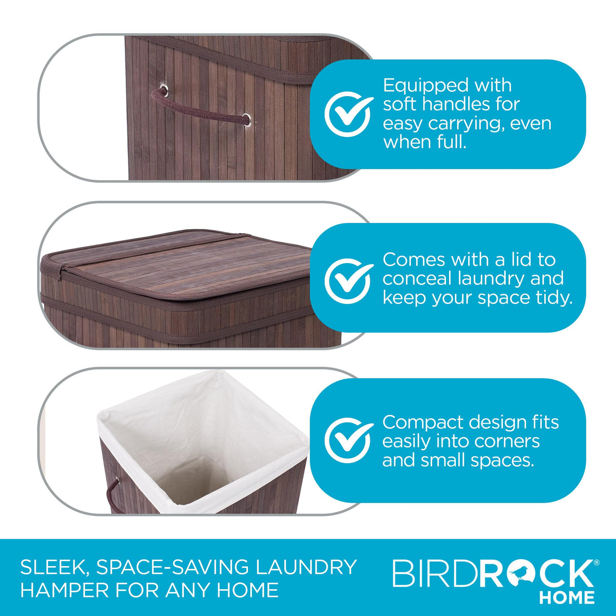 BirdRock Home Square Laundry Hamper with Lid and Cloth Liner | Bamboo | Espresso | Easily Transport