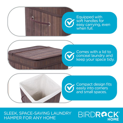 BirdRock Home Square Laundry Hamper with Lid and Cloth Liner | Bamboo | Espresso | Easily Transport