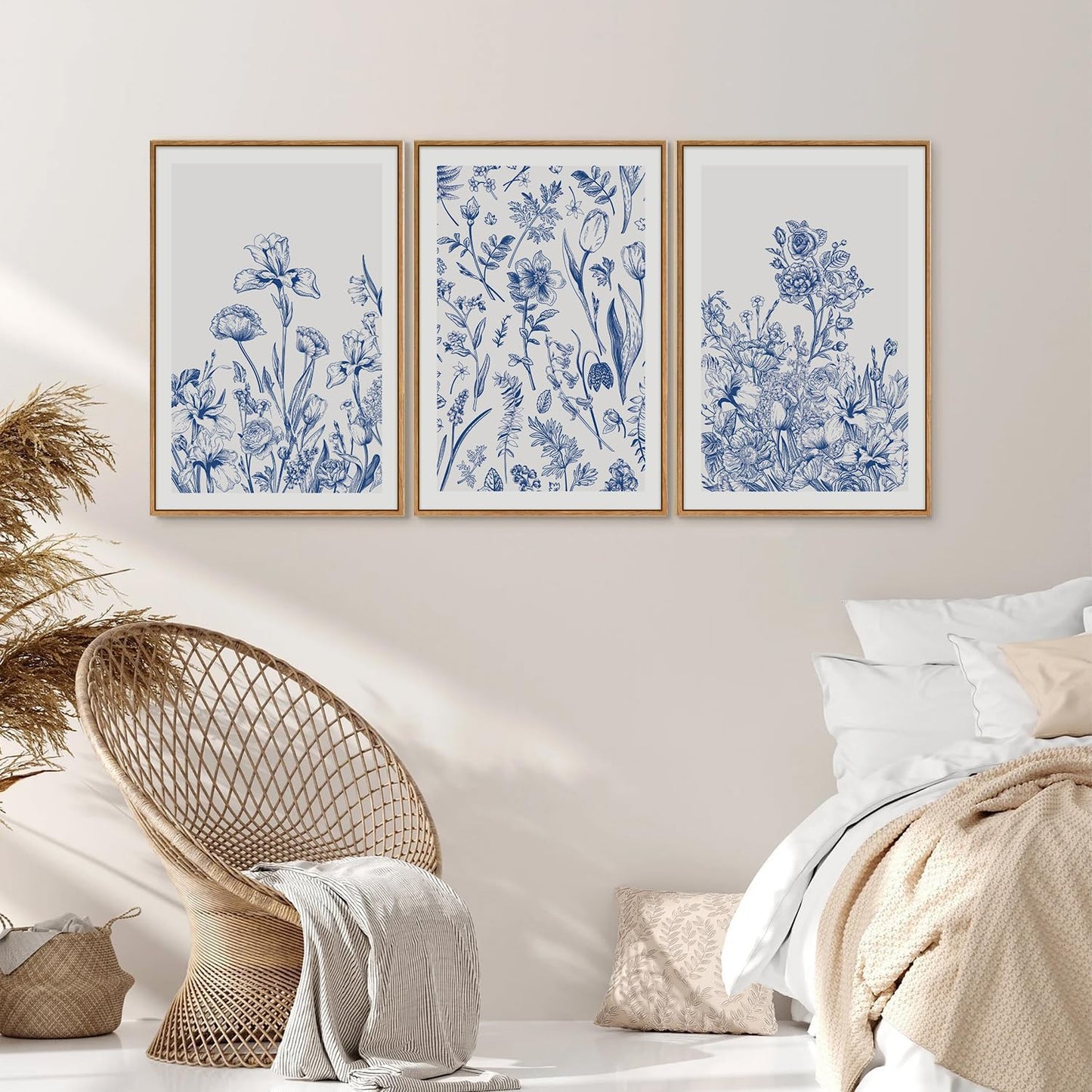 SIGNINART Classic Chinoiserie Botanical Framed Canvas Wall Art, Blue and White Floral Wall Decor