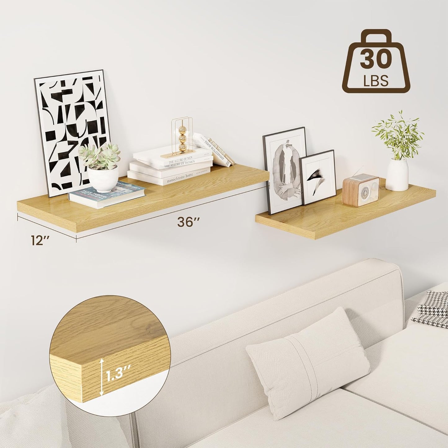 36" Floating Shelves for Wall, 12" Deep Slim Oak Floating Shelves, Wall-Mounted Shelves for