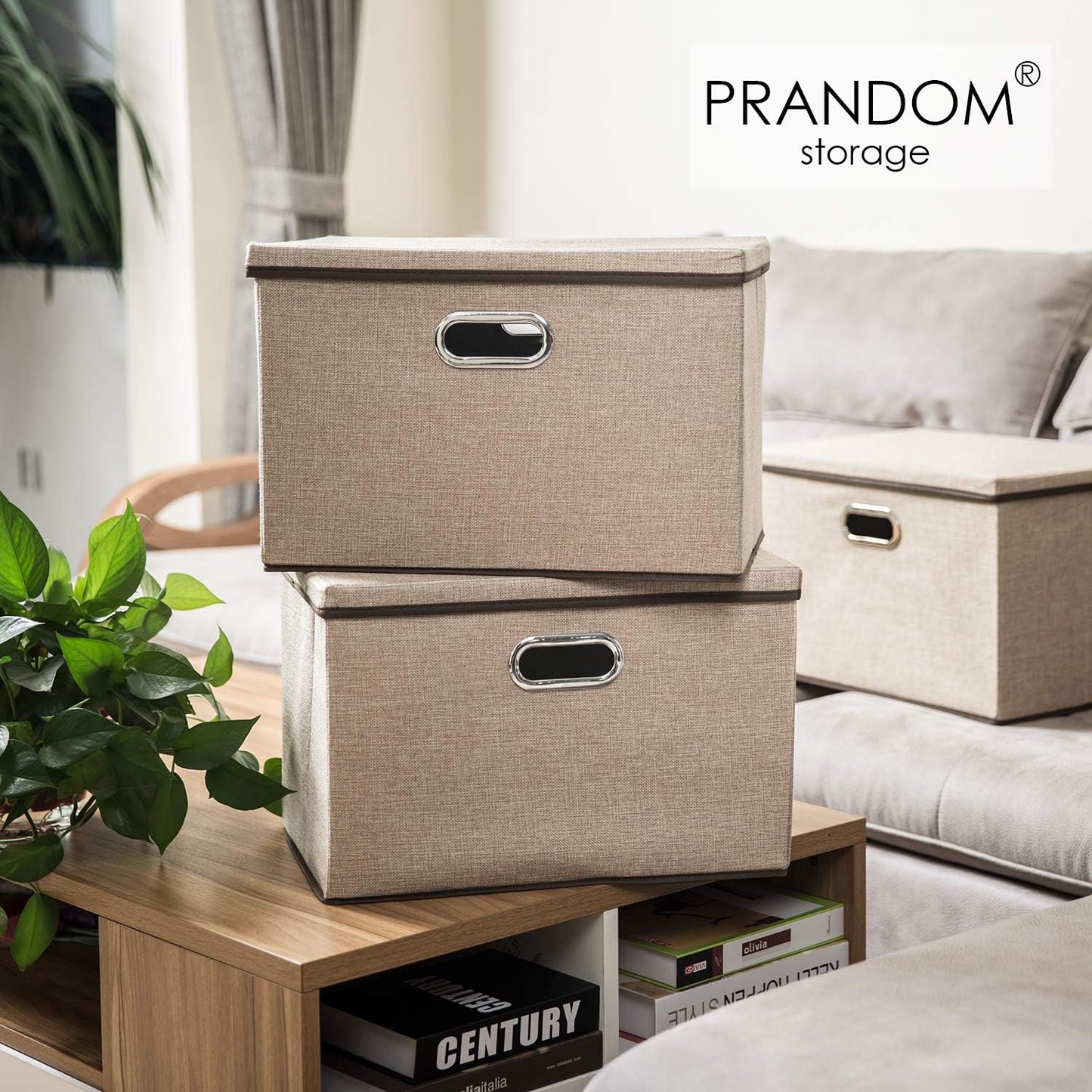 PRANDOM Large Collapsible Storage Baskets with Lids [5-Pack] Jute Fabric Foldable Storage Bins