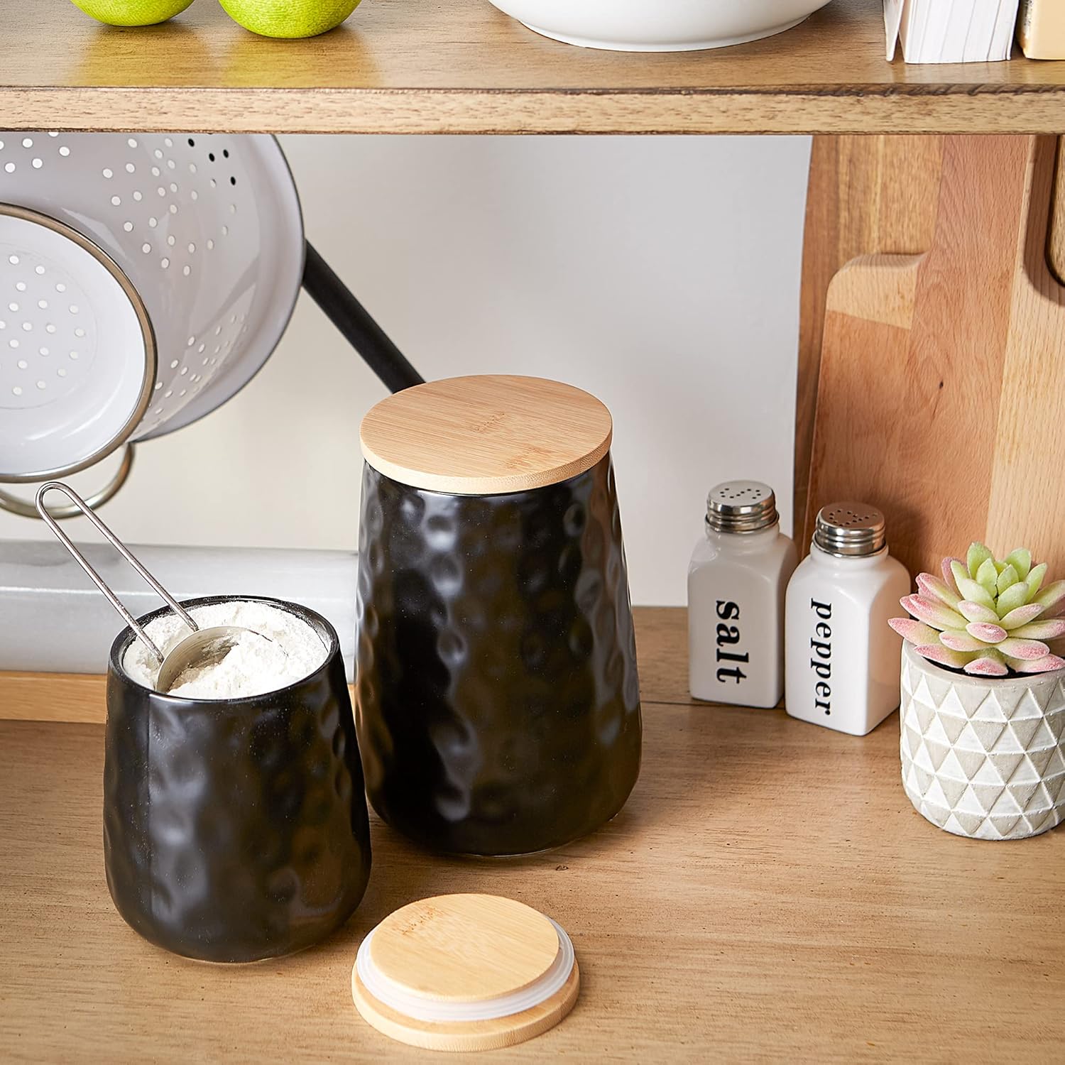DII Kitchen Accessories Collection, Textured Matte Ceramic Canister Set, Black Dimple, 2 Piece