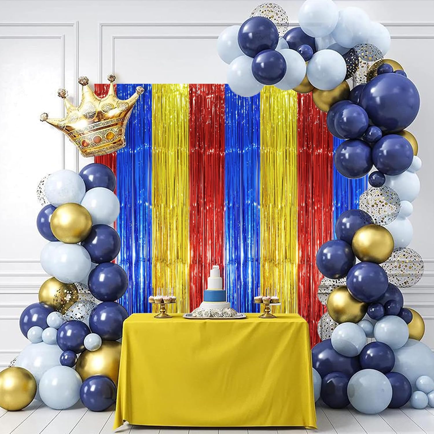 3 Pack 3.3 x 8.2 ft Blue Red Gold Foil Fringe Backdrop Curtains, Tinsel Streamers Party