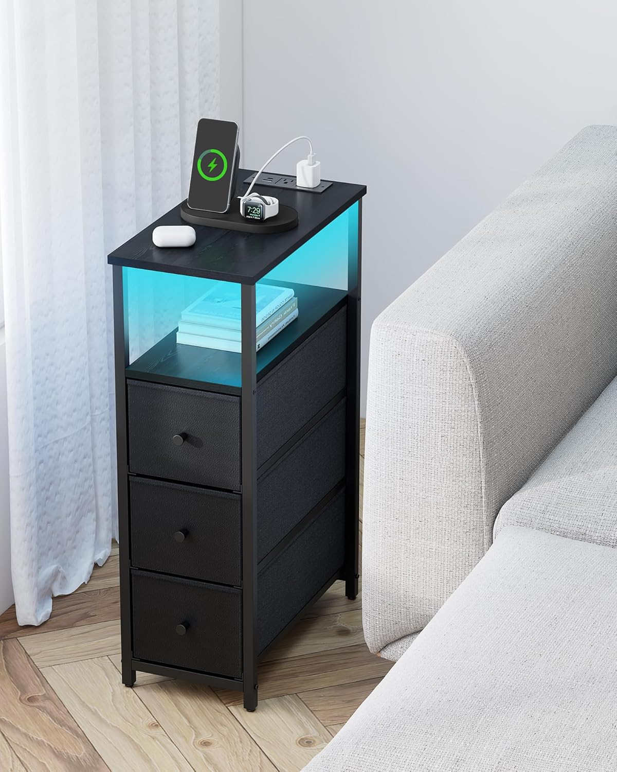 TUTOTAK Narrow LED Night Stand with Charging Station, Slim End Table with Plugins, Tall Side Table