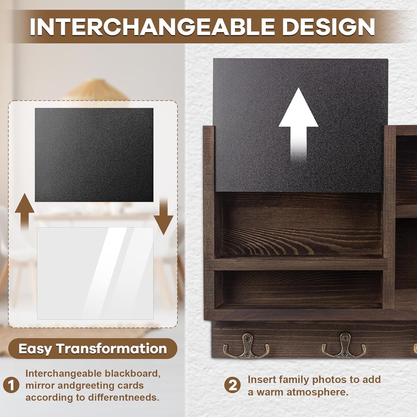 Key Holder for Wall, Mail Organizer Wall Mount with Key Hooks and Chalkboard & Mirror for