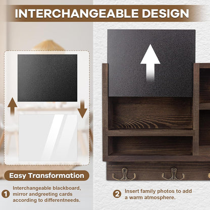 Key Holder for Wall, Mail Organizer Wall Mount with Key Hooks and Chalkboard & Mirror for