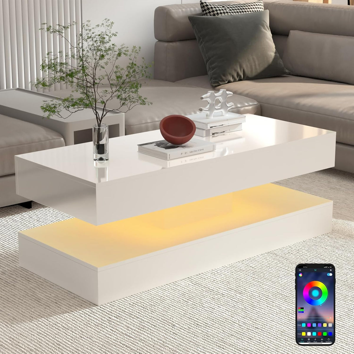Uspeedy 47.3IN High Glossy LED Coffee Table,APP LED Lights,Black/White, Modern Furniture for Living