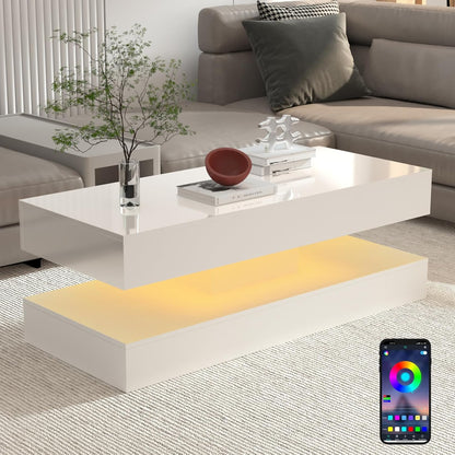 Uspeedy 47.3IN High Glossy LED Coffee Table,APP LED Lights,Black/White, Modern Furniture for Living