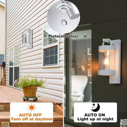2 Pack Outdoor Wall Lantern with Dusk to Dawn Photocell Sensor,White Exterior Porch Light Fixture