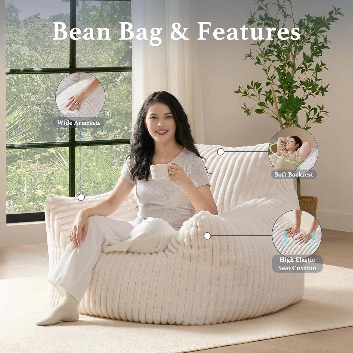 Giant Plush Bean Bag Chair for Adults with Armrests - Oversized Comfy Beige Beanbag Lounge Lazy