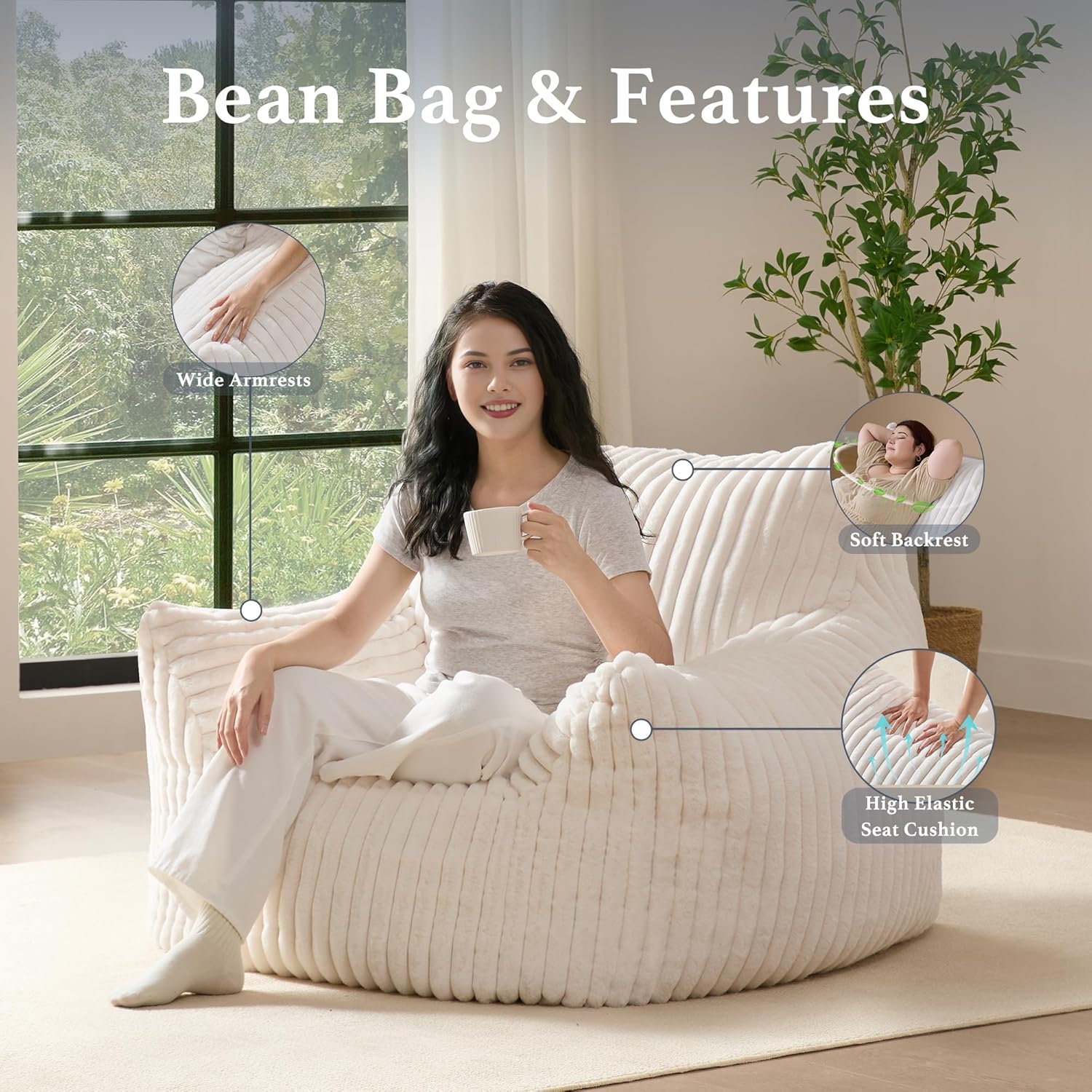 Giant Plush Bean Bag Chair for Adults with Armrests - Oversized Comfy Beige Beanbag Lounge Lazy