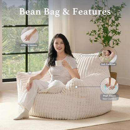 Giant Plush Bean Bag Chair for Adults with Armrests - Oversized Comfy Beige Beanbag Lounge Lazy