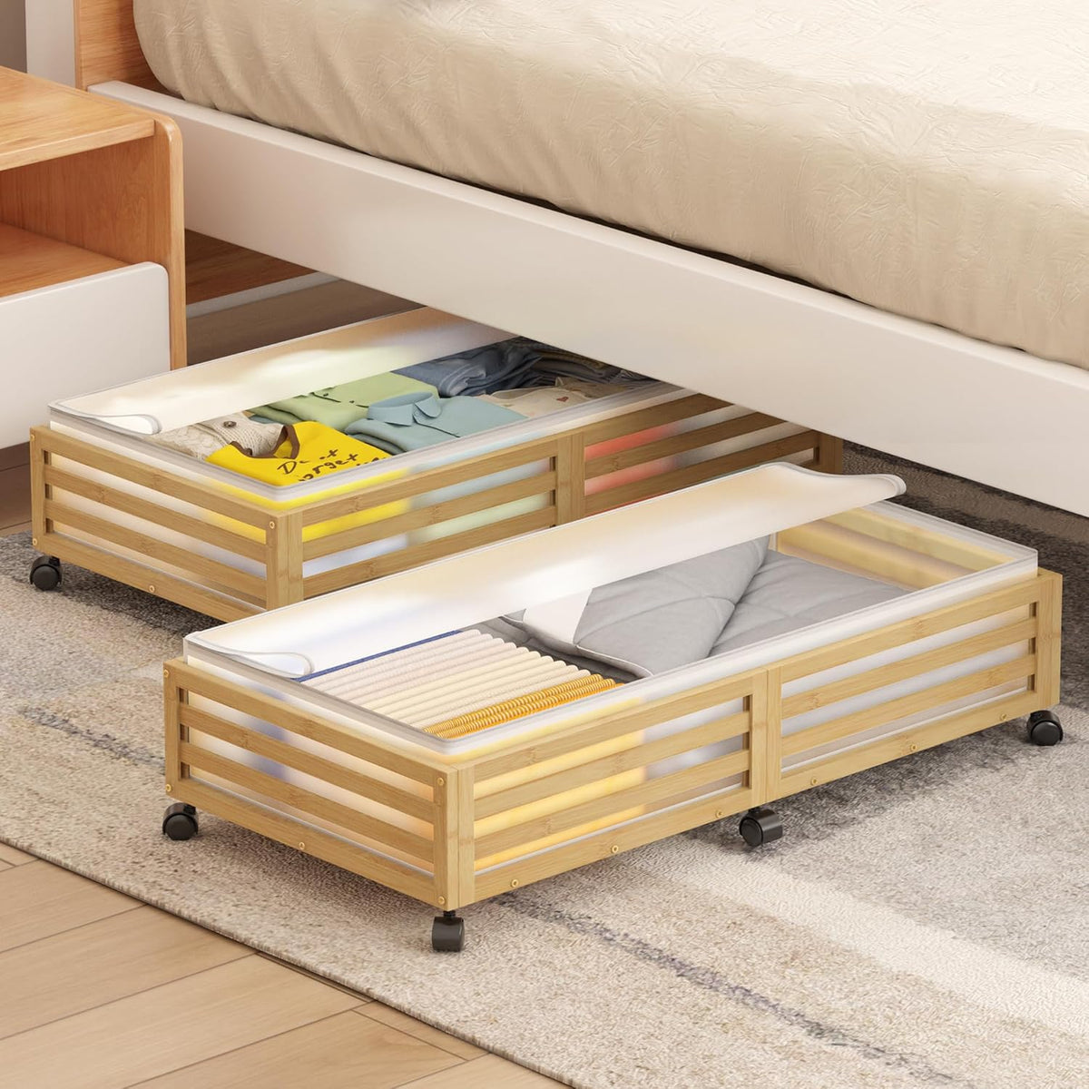 Under Bed Storage with Wheels-Large Bamboo Underbed storage Containers with Large Dust Bag