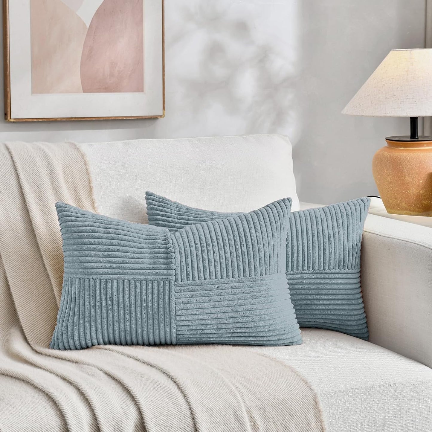 Fancy Homi Set of 2 Light Blue Lumbar Decorative Throw Pillow Covers 12x20 Inch for Living Room