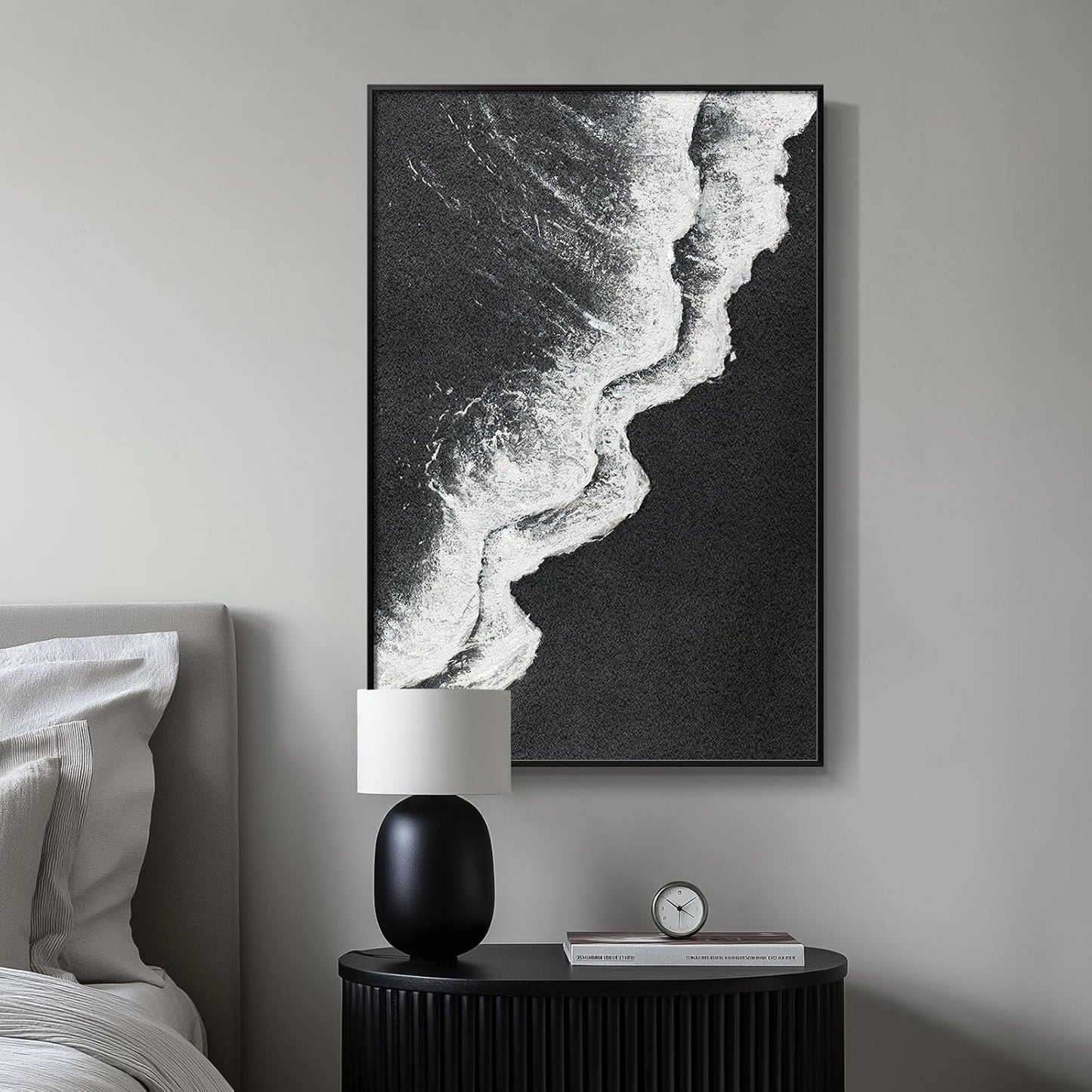 Framed Black and White Abstract Beach Canvas Wall Art, Modern Minimalist Art Prints Paintings