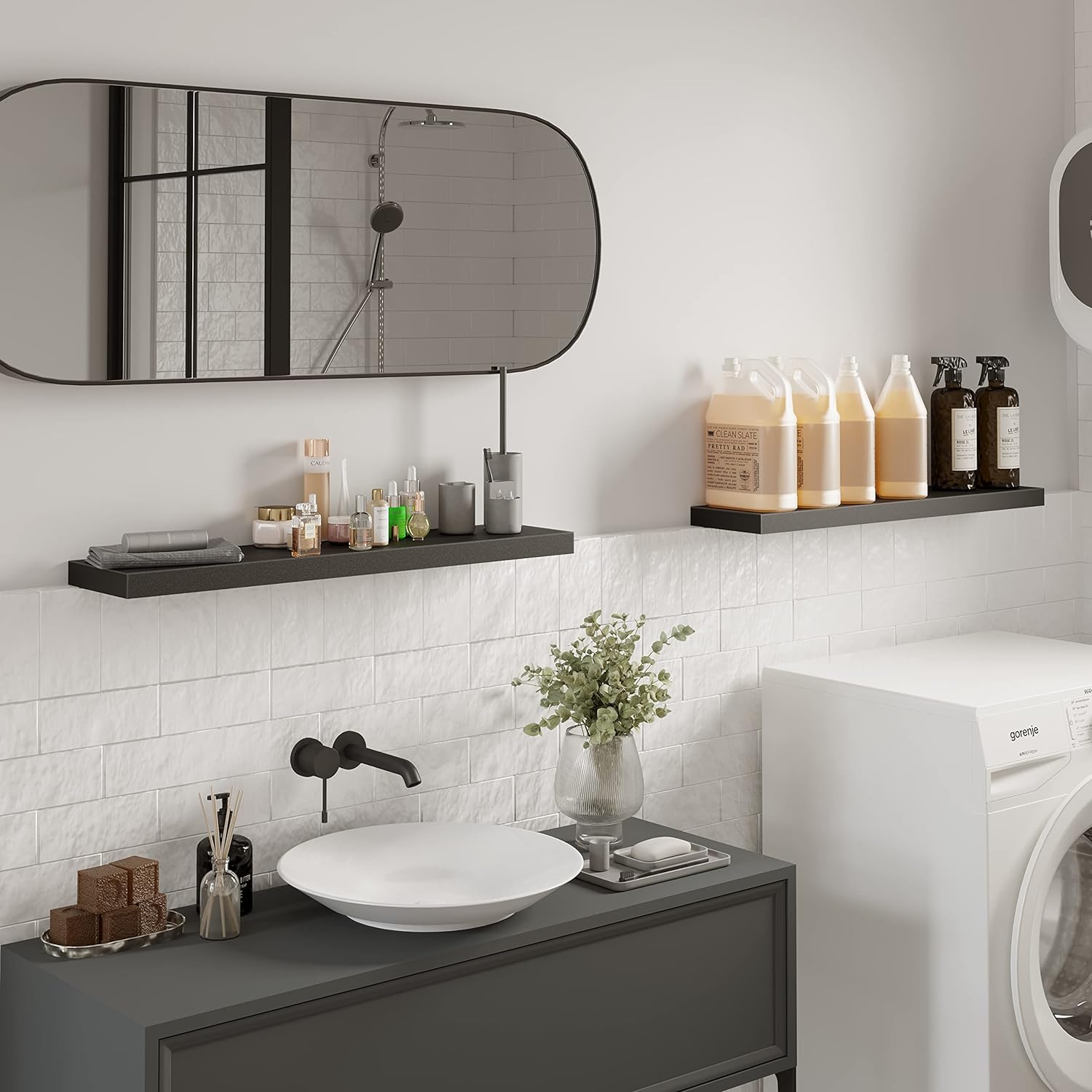 BAMEOS Floating Shelves, 31W x 8D Black Wall Mounted Wooden Shelves with Invisible Brackets Set of