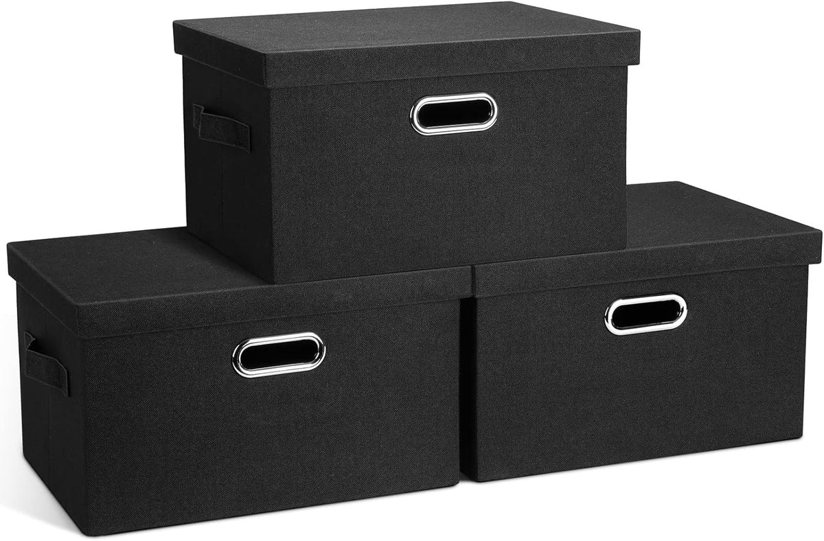 Medium 15" 21 Quart Collapsible Stackable Storage Bins with Lids, 3 Packs Black Foldable Fabric