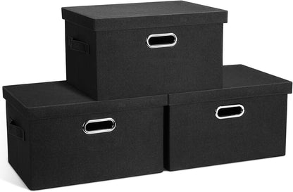 Medium 15" 21 Quart Collapsible Stackable Storage Bins with Lids, 3 Packs Black Foldable Fabric
