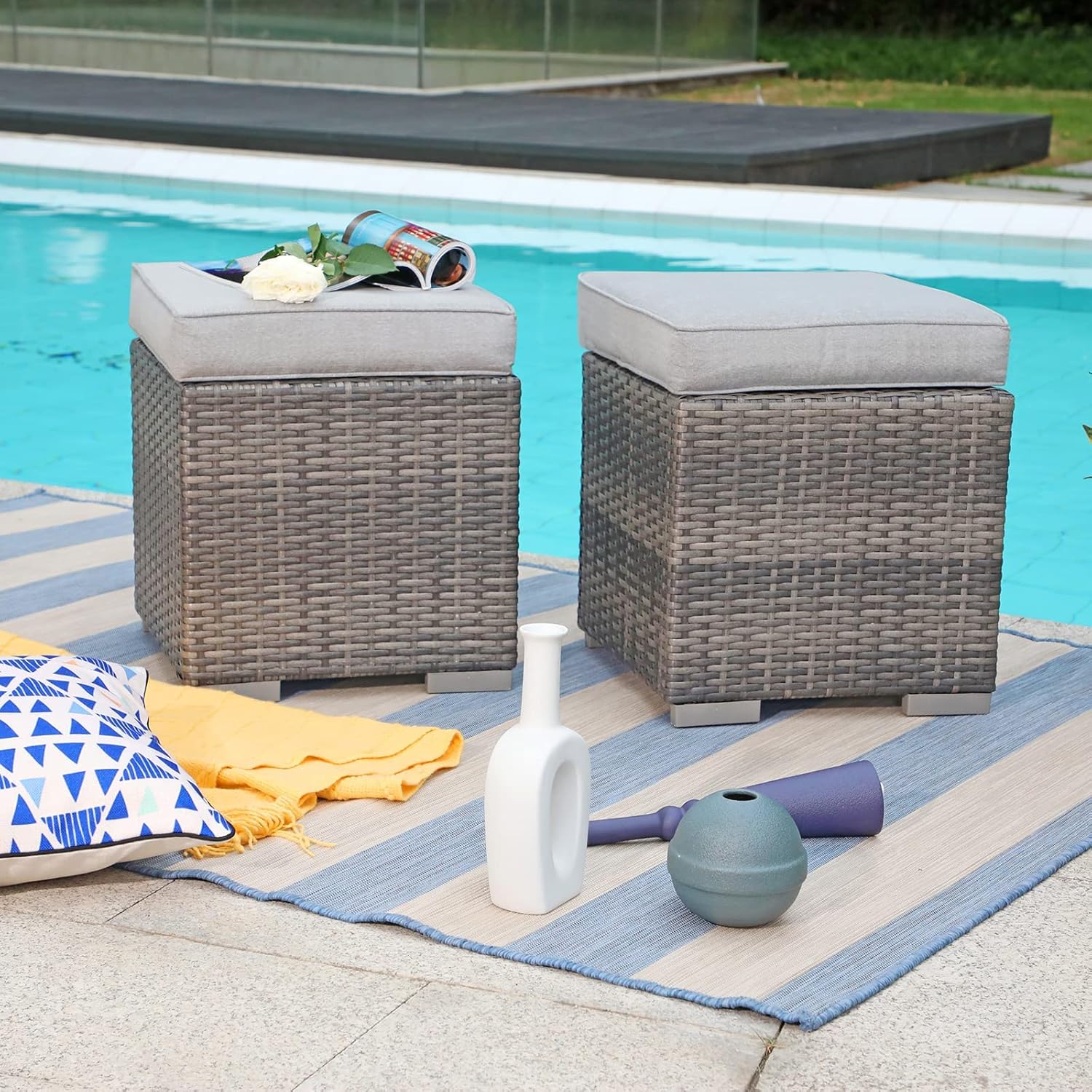 Patiorama 2 Pieces Assembled Outdoor Patio Ottoman, Indoor Outdoor All-Weather Grey Wicker Rattan