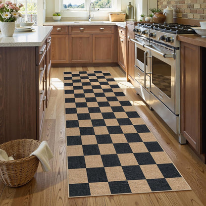 Lahome Checkered Easy Jute Runner Rug, 2x8 Kitchen Rug Non Slip Washable Outdoor Runner for