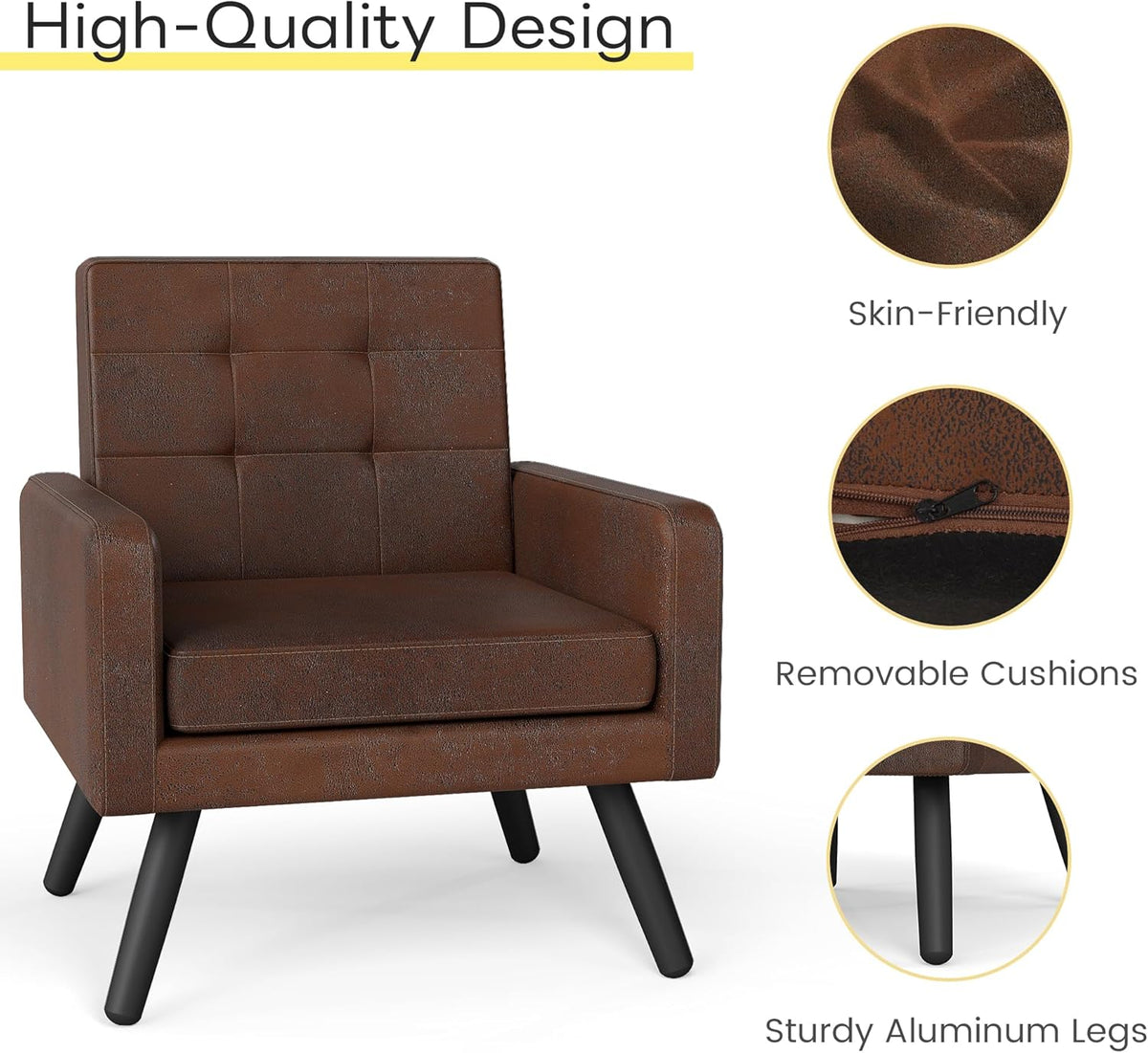 Kromax Mid-Century Modern Accent Chair for Living Room, 496 Lb. Weight Capacity, Dual Armrests