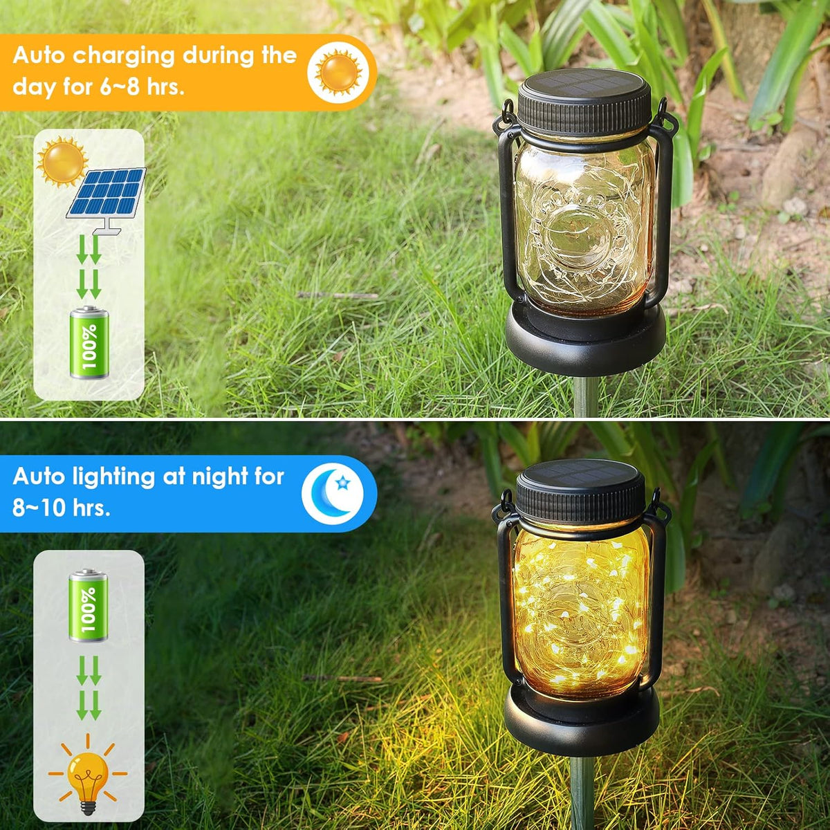 Mlambert 4 Pack Solar Hanging Lantern with Stakes, Outdoor Waterproof Solar Mason Jar Fairy String