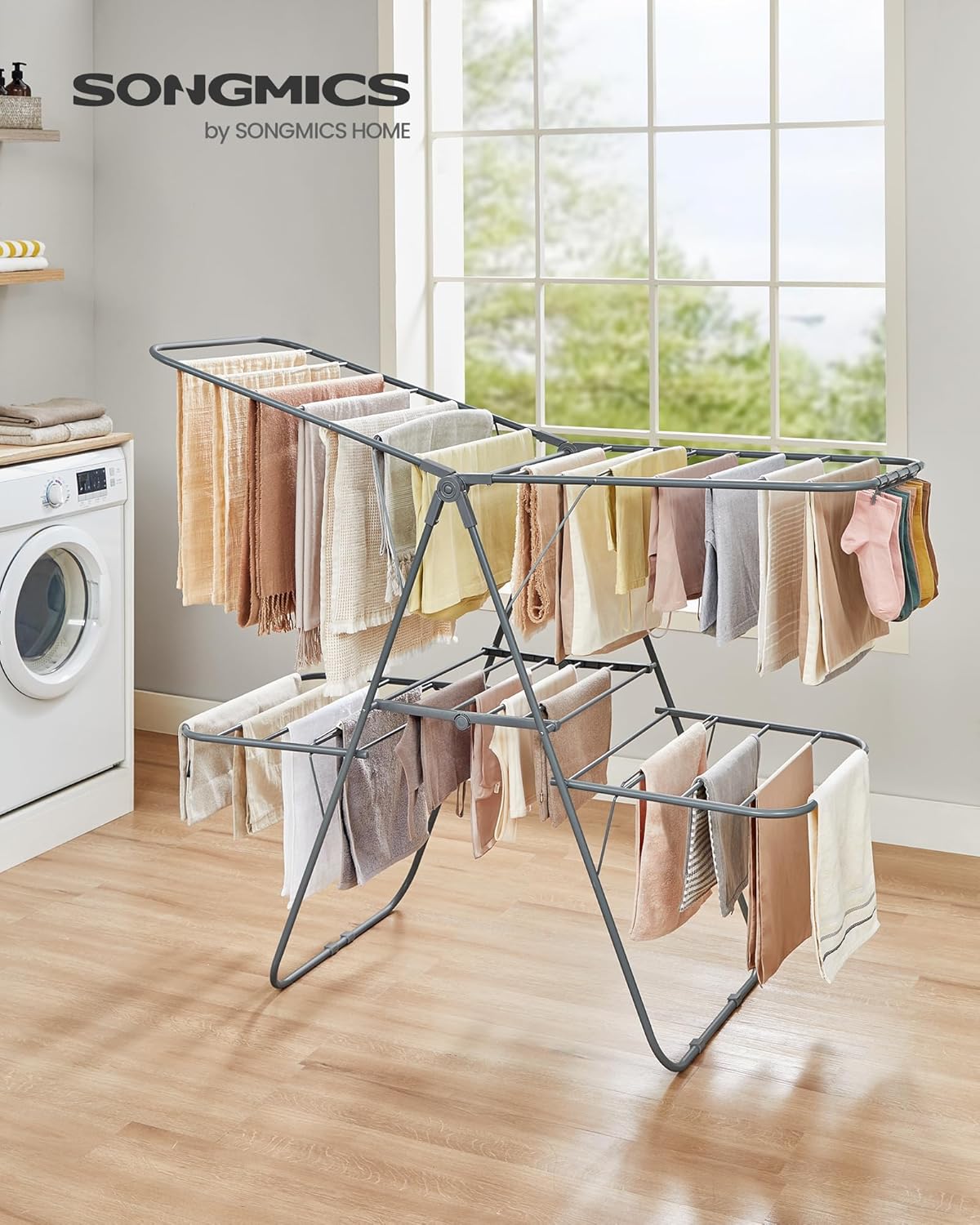 SONGMICS Clothes Drying Rack, Foldable 2-Level Laundry Drying Rack, Free-Standing Laundry Airer