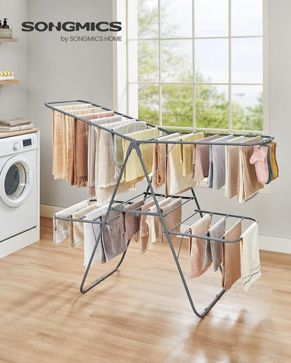 SONGMICS Clothes Drying Rack, Foldable 2-Level Laundry Drying Rack, Free-Standing Laundry Airer
