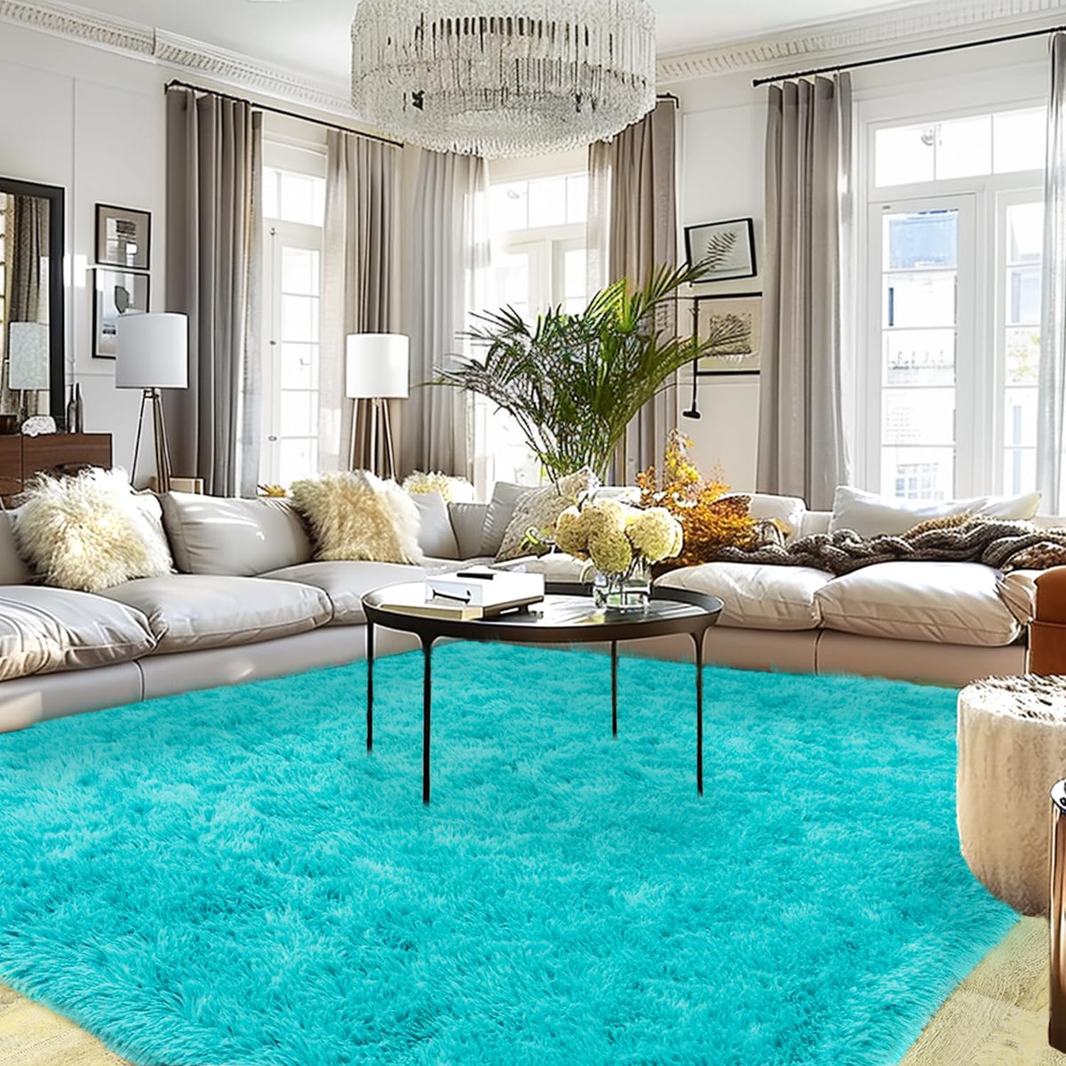 Extra Large Fluffy Area Rug for Bedroom Living Room, 9x12 Feet Teal Blue Modern Indoor Carpets Room
