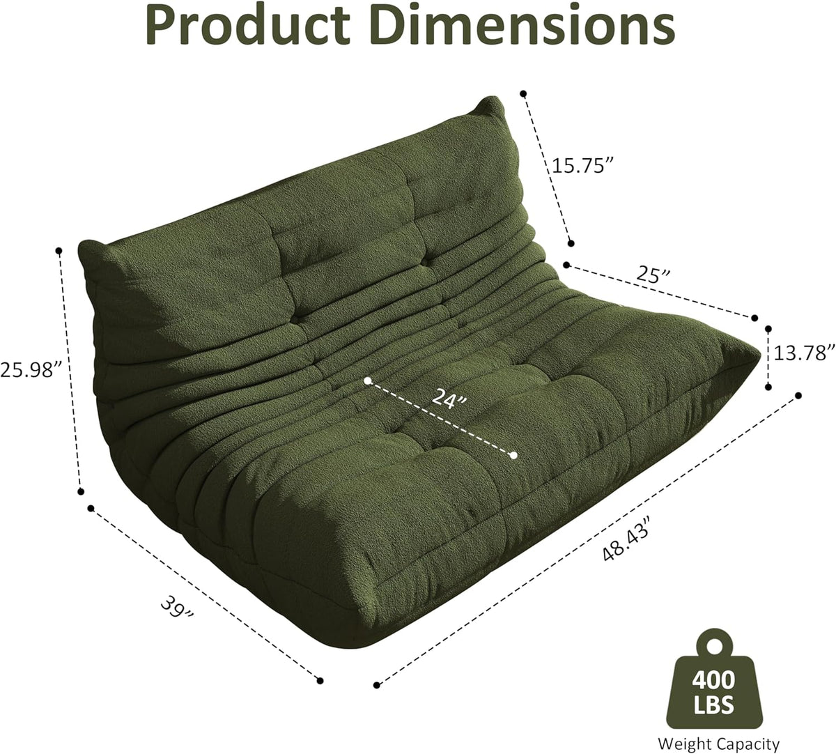 Bean Bag Chair, Oversized Loveseat Fireside Chair for Adults, 2 Seater with Memory Foam Filled