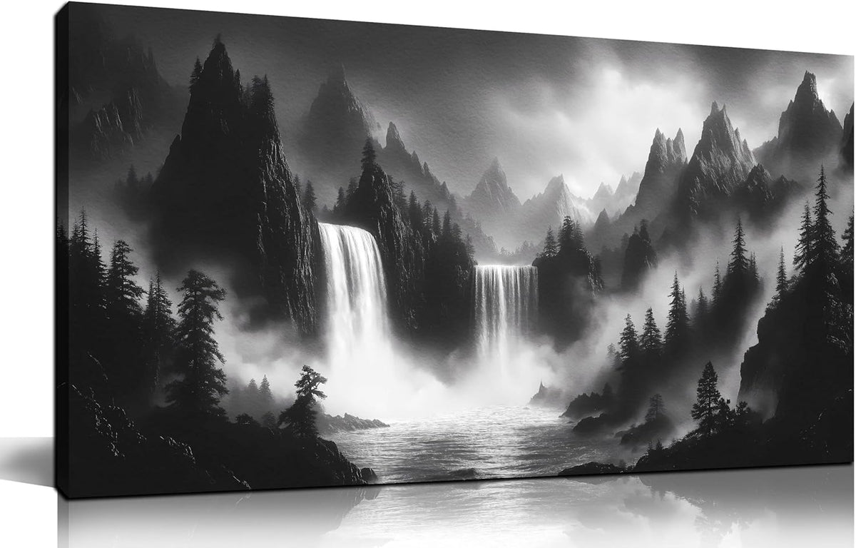 Mountain Wall Pictures for Living Room Decor - Black and White Wall Art Bedroom - Waterfall Canvas