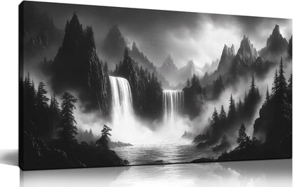 Mountain Wall Pictures for Living Room Decor - Black and White Wall Art Bedroom - Waterfall Canvas